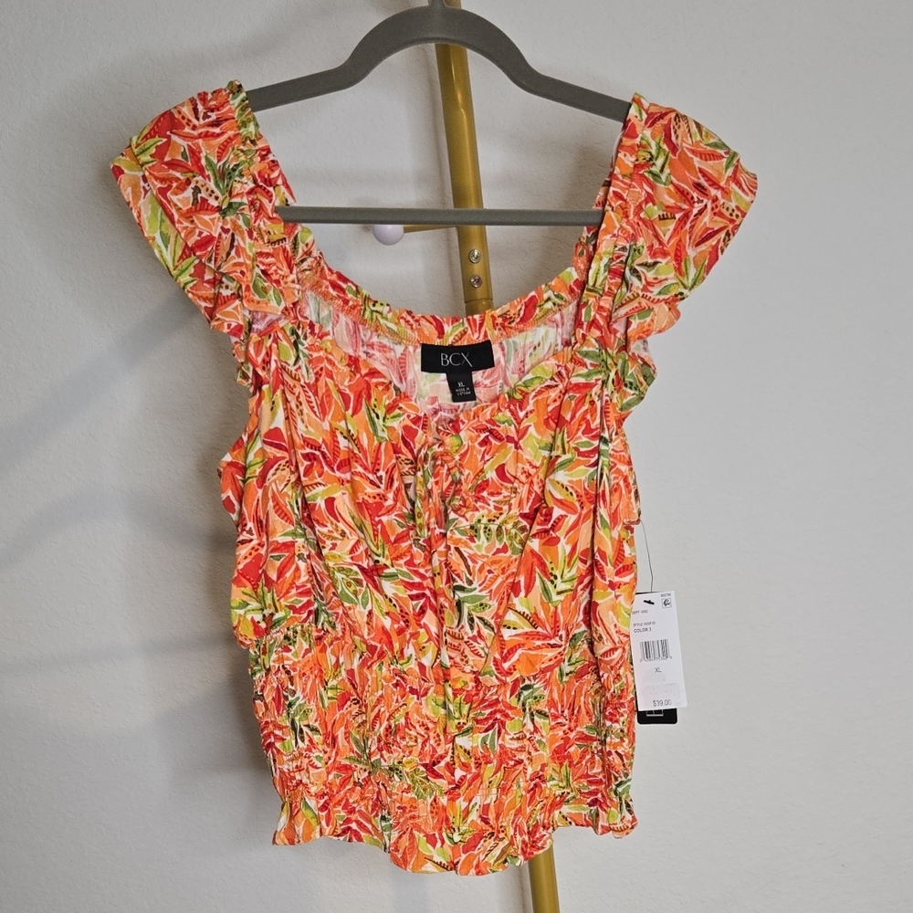 NWT BCX Women's Vibrant Orange Floral Blouse